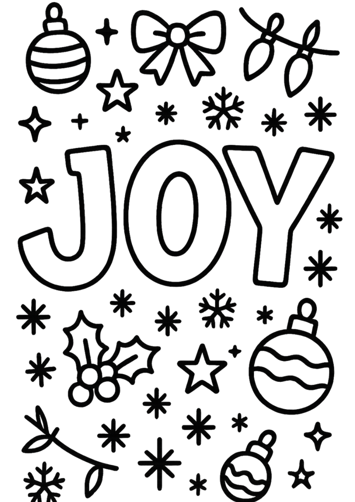 Christmas bubble-letter lettering 'Joy' with holly, bows and ornaments