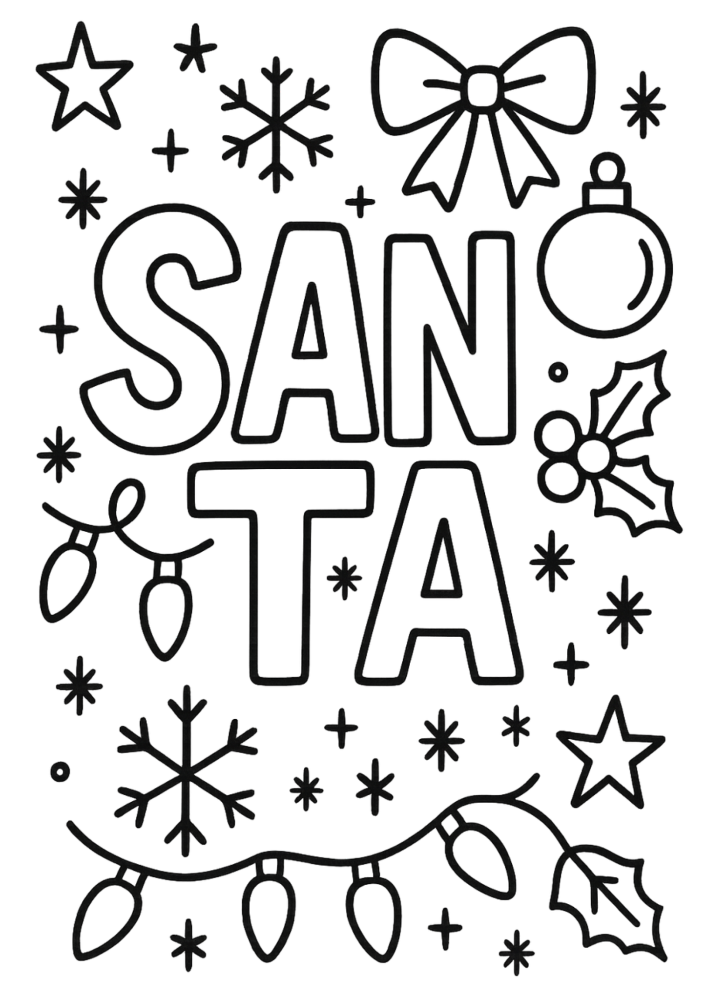 Free printable santa decorating with snowy magic coloring page for kids — download and print free at VectorVibez.com