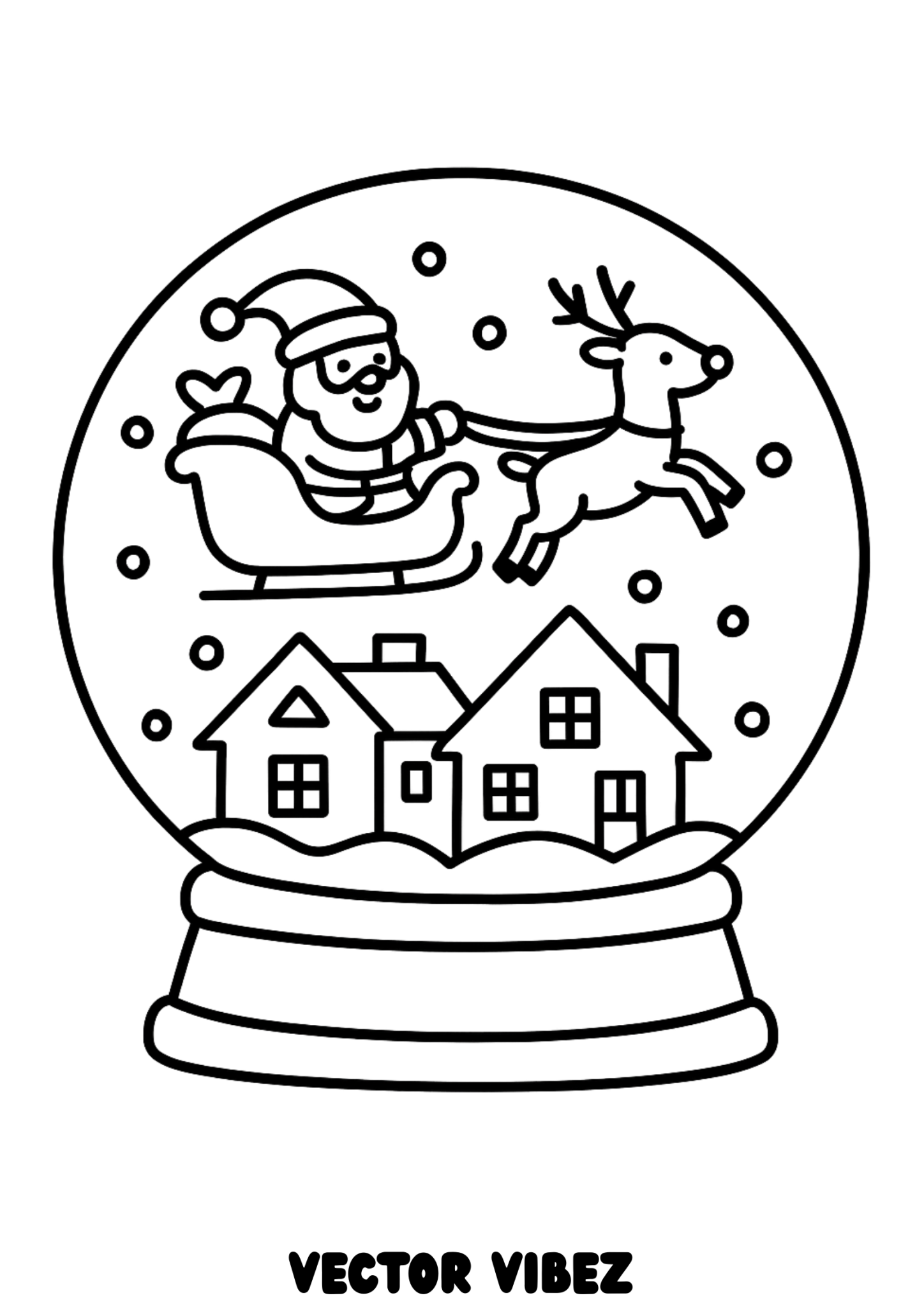 Free printable santa flying over snowy village globe coloring page for kids — download and print free at VectorVibez.com