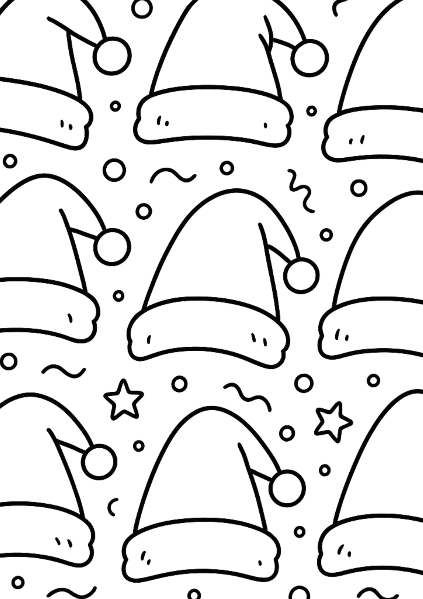 Free printable santa hats with snowflakes doodle coloring page for kids — download and print free at VectorVibez.com