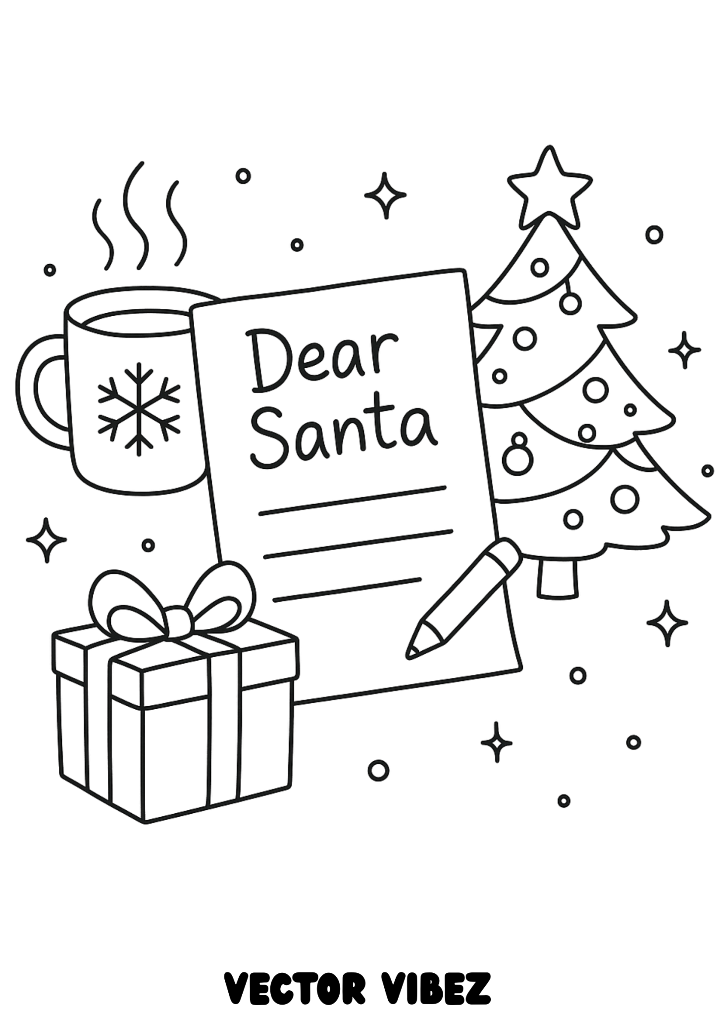 Free printable santa's letter with festive ornaments coloring page for kids — download and print free at VectorVibez.com