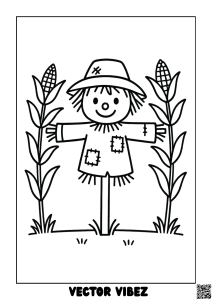 Free printable scarecrow with dancing corn leaves coloring page for kids — download and print free at VectorVibez.com