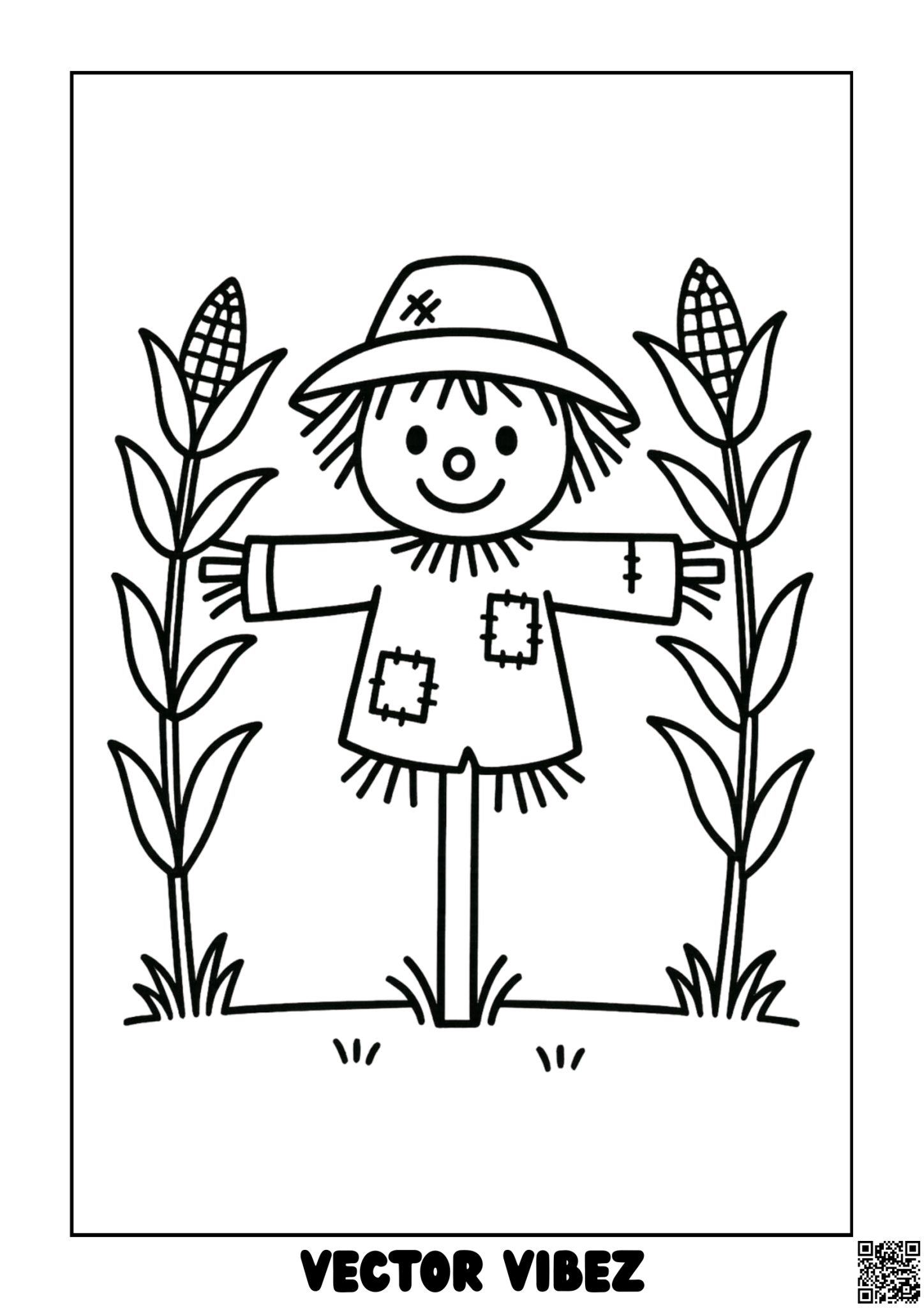 Free printable scarecrow with dancing corn leaves coloring page for kids — download and print free at VectorVibez.com