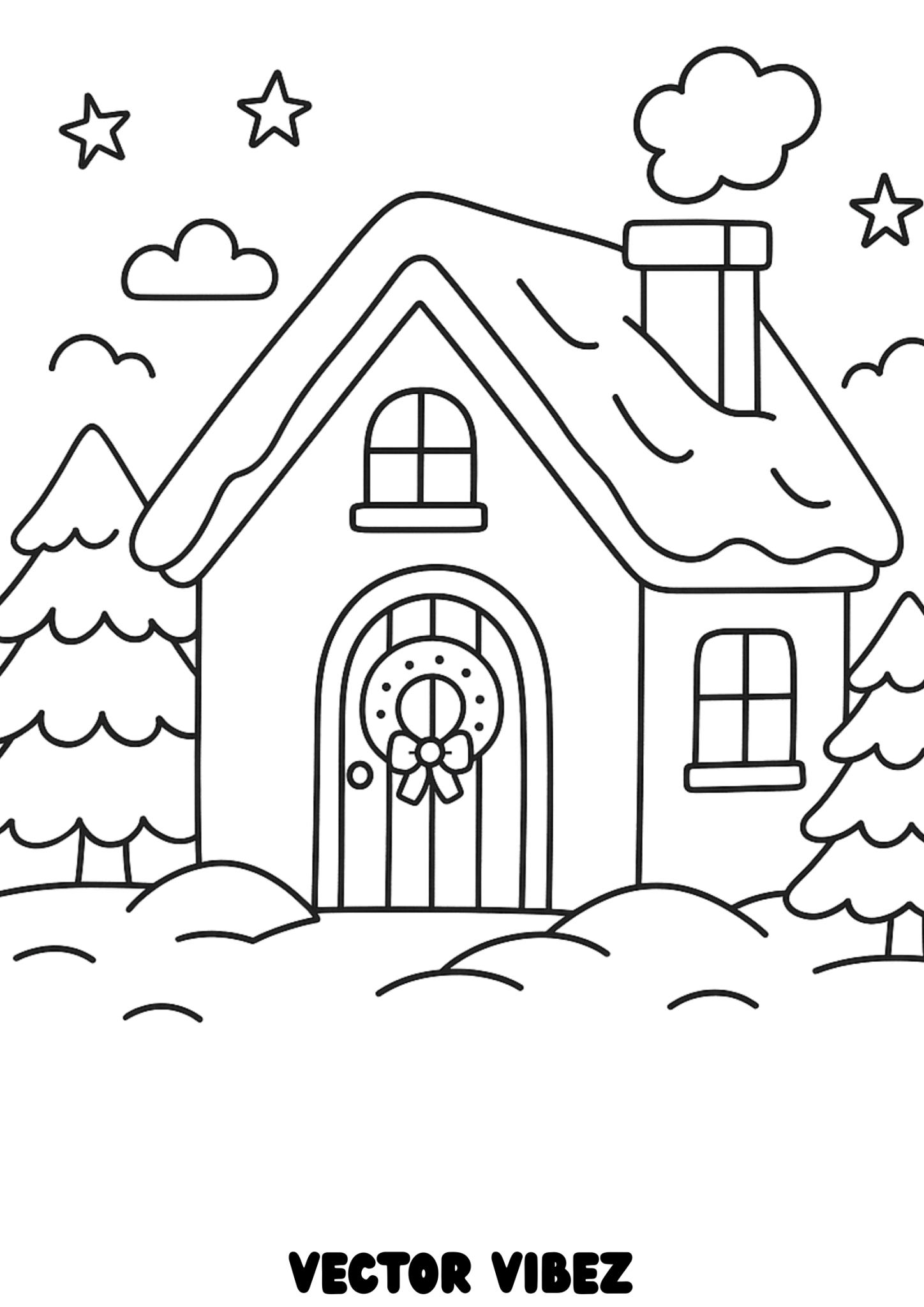Free printable snow-dusted roof with glowing wreath coloring page for kids — download and print free at VectorVibez.com
