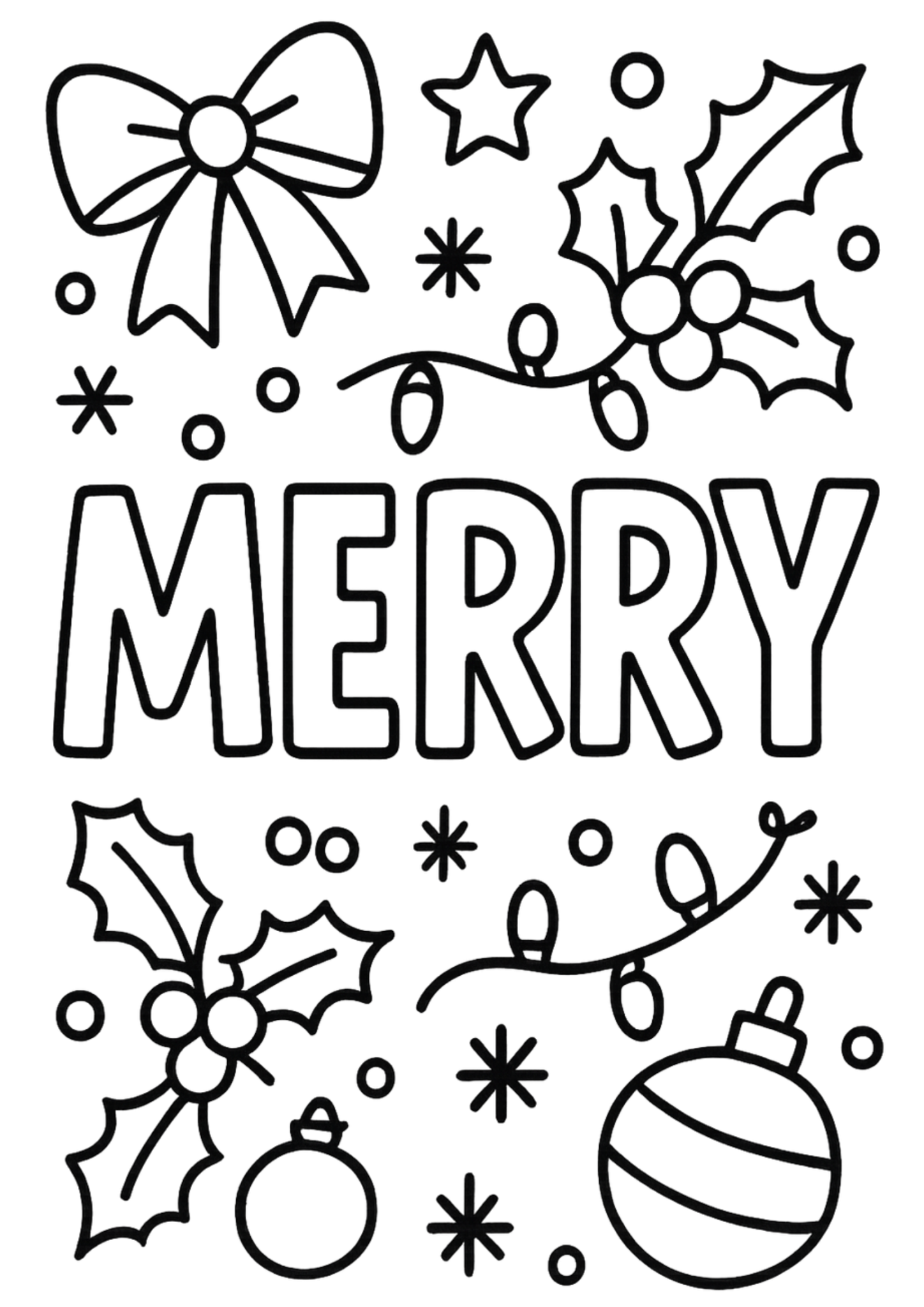 Christmas bubble-letter lettering 'Merry' with holly, bows and ornaments