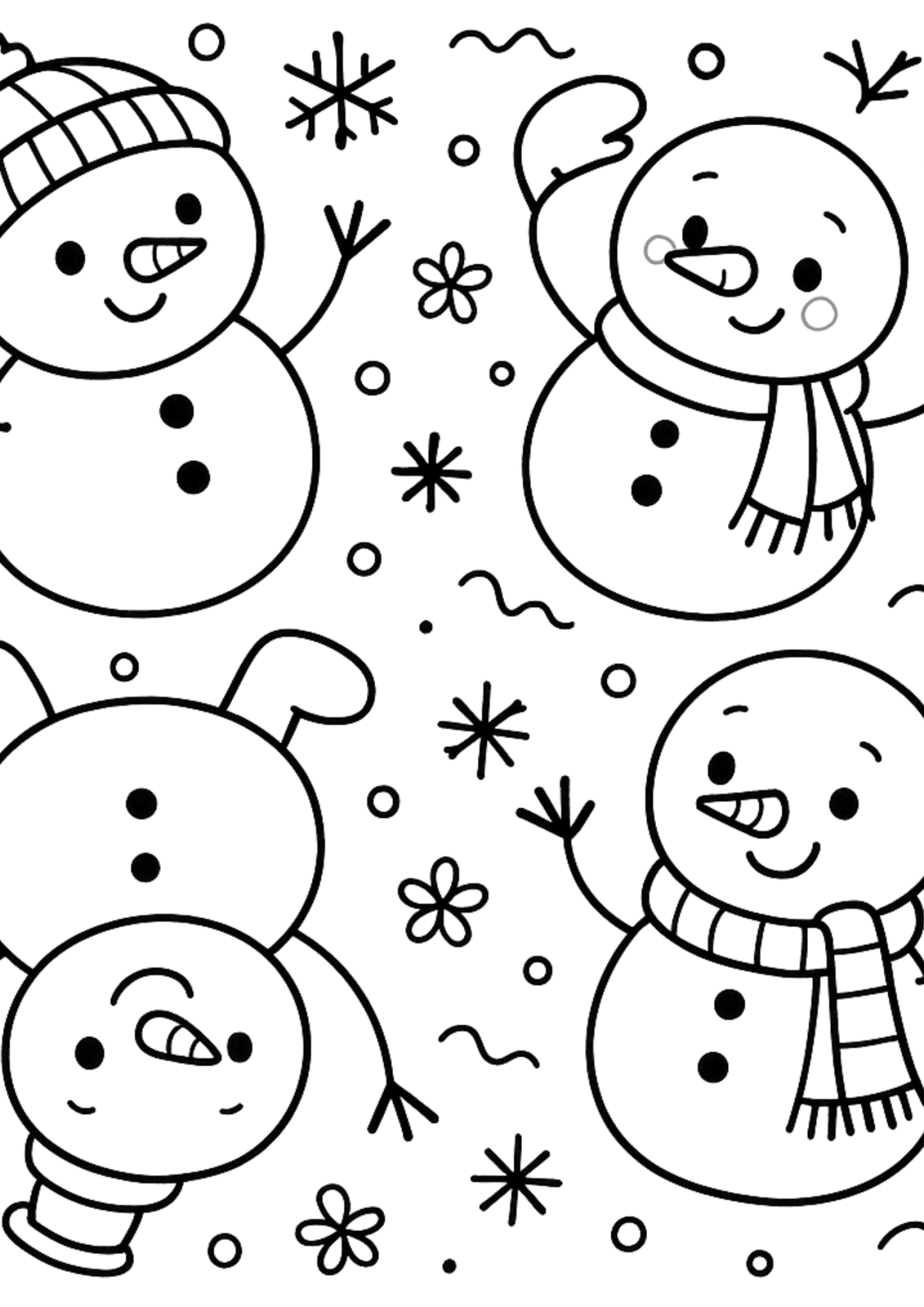 Free printable snowman family with festive scarves coloring page for kids — download and print free at VectorVibez.com