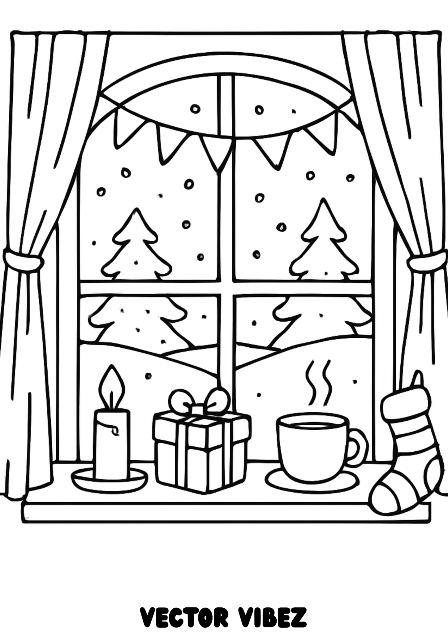 Free printable snowman peeking through decorated window coloring page for kids — download and print free at VectorVibez.com