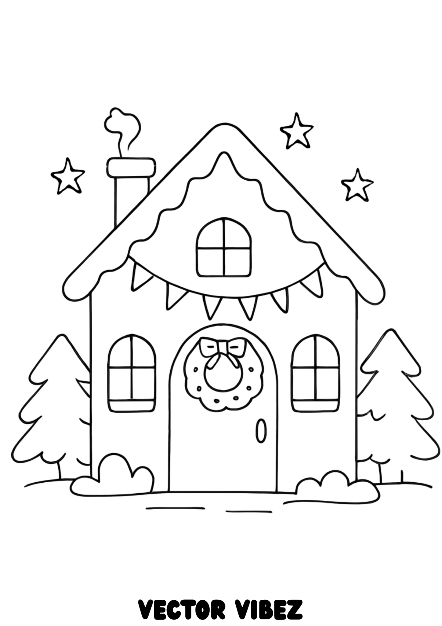 Free printable snowy christmas house with festive wreath coloring page for kids — download and print free at VectorVibez.com