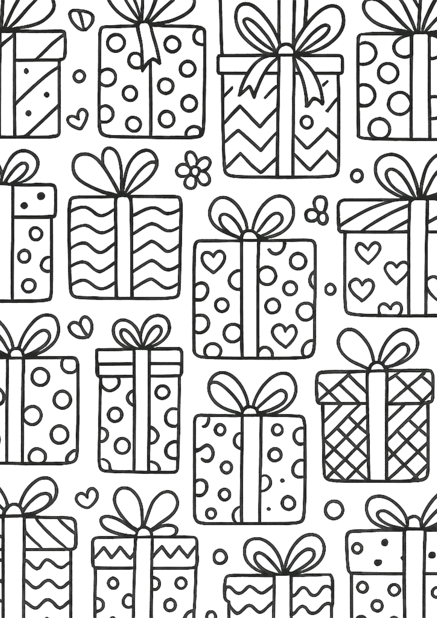 Free printable stacked gift boxes with ribbons doodle coloring page for kids — download and print free at VectorVibez.com