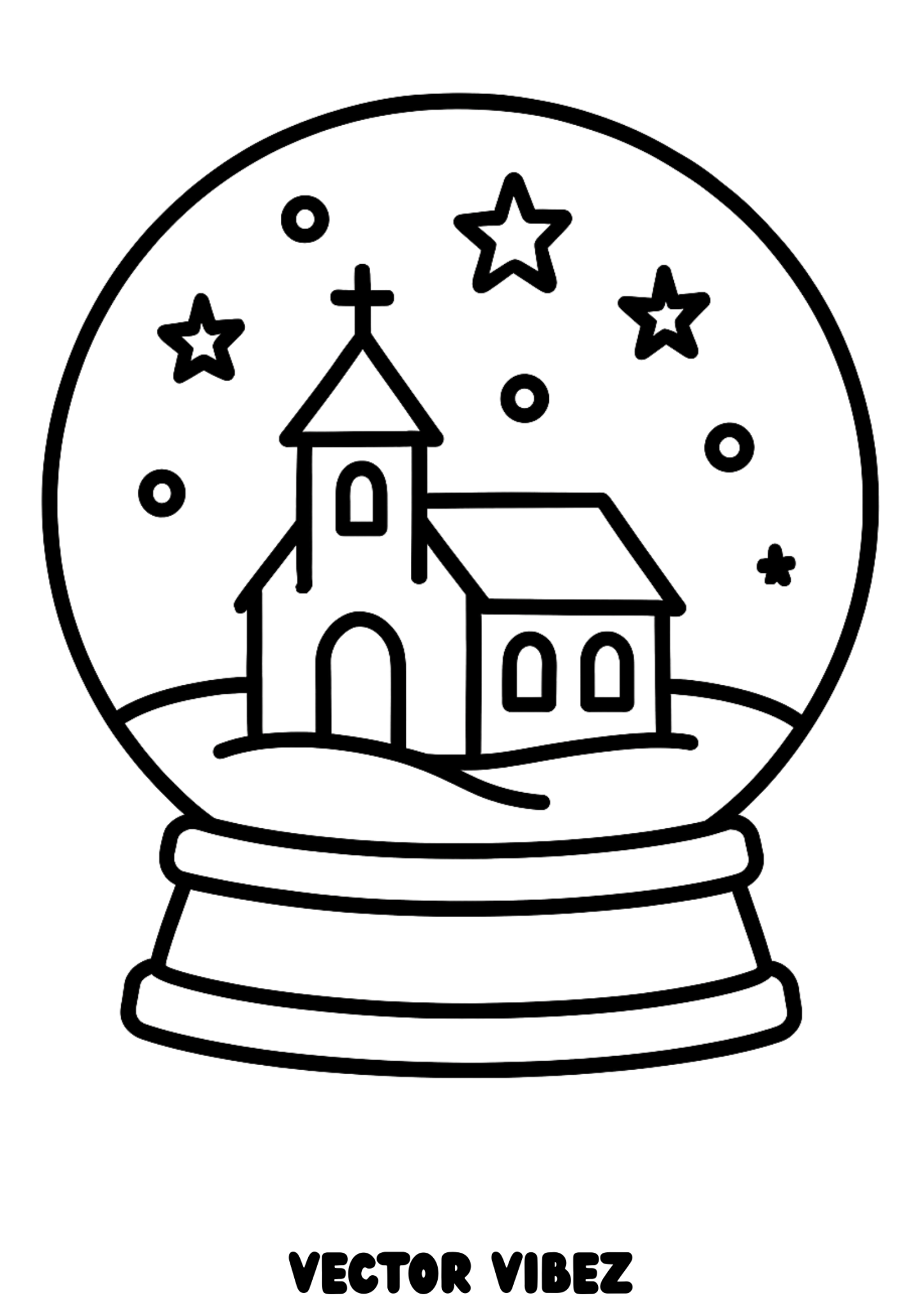 Free printable stained glass windows in church snow globe coloring page for kids — download and print free at VectorVibez.com