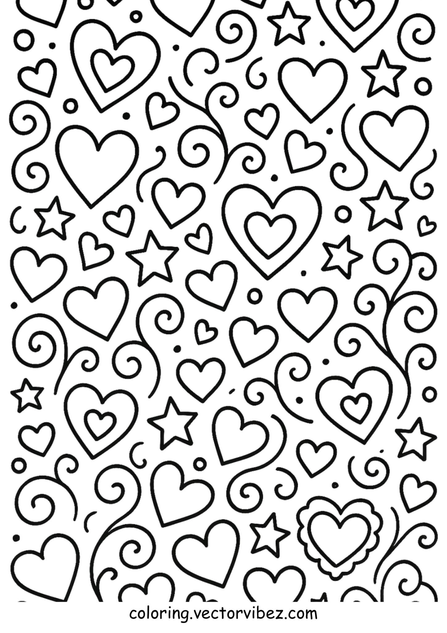 Free printable stars and hearts swirl design coloring page for kids — download and print free at VectorVibez.com