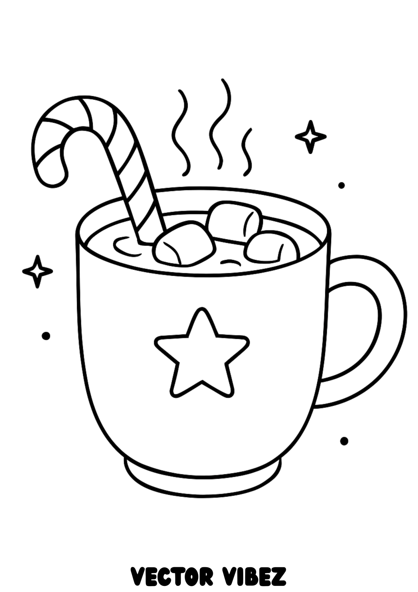 Free printable steaming mug with candy cane stirrer coloring page for kids — download and print free at VectorVibez.com