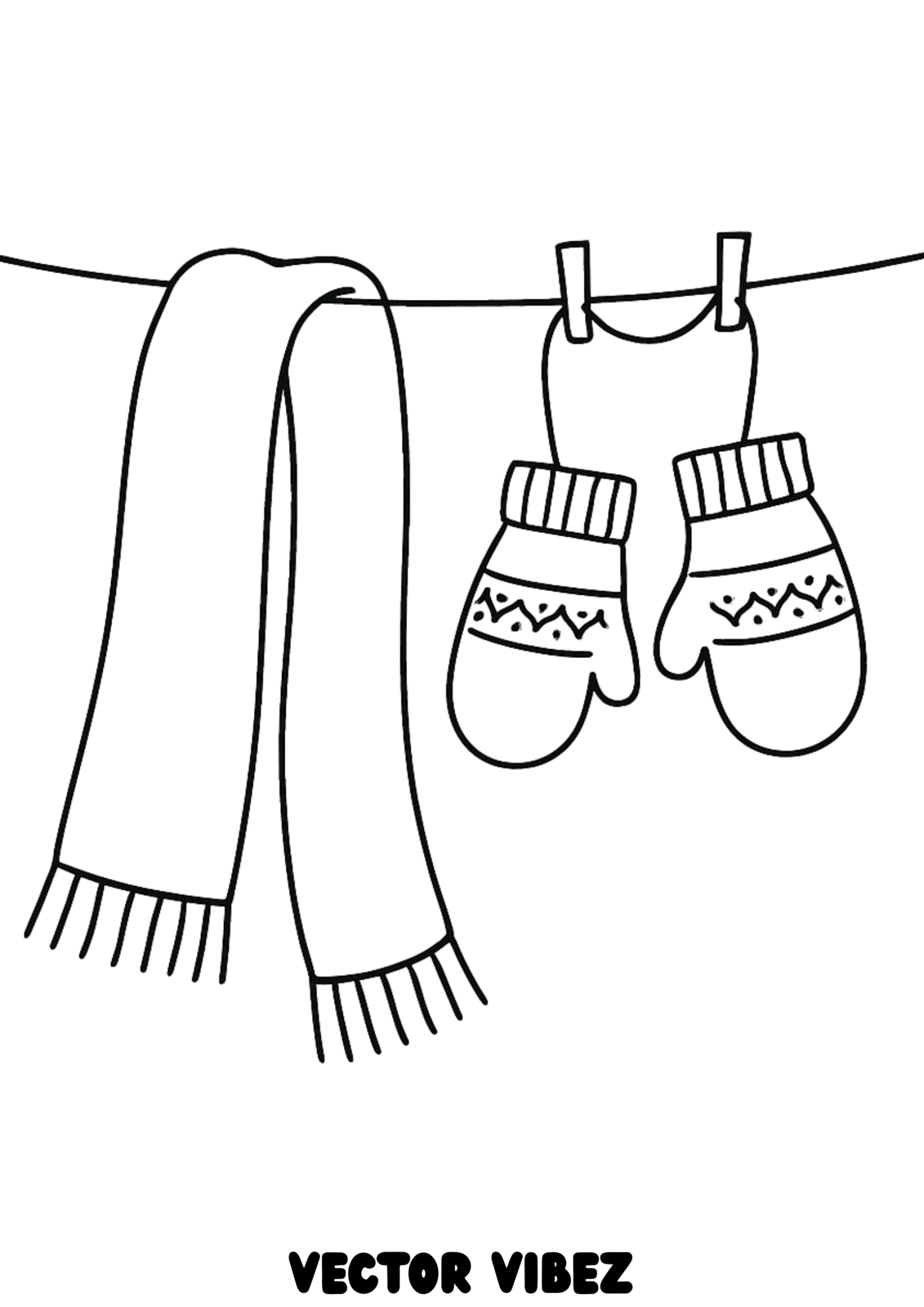 Free printable striped scarf on snowy clothesline coloring page for kids — download and print free at VectorVibez.com