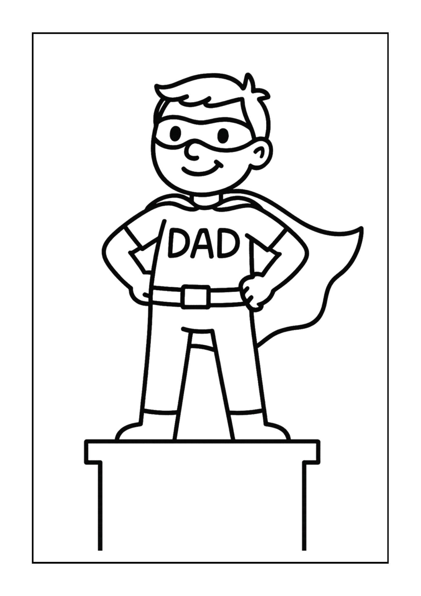 Free printable super dad with shield and cape coloring page for kids — download and print free at VectorVibez.com