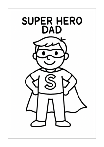 Free printable superhero dad flying over city coloring page for kids — download and print free at VectorVibez.com