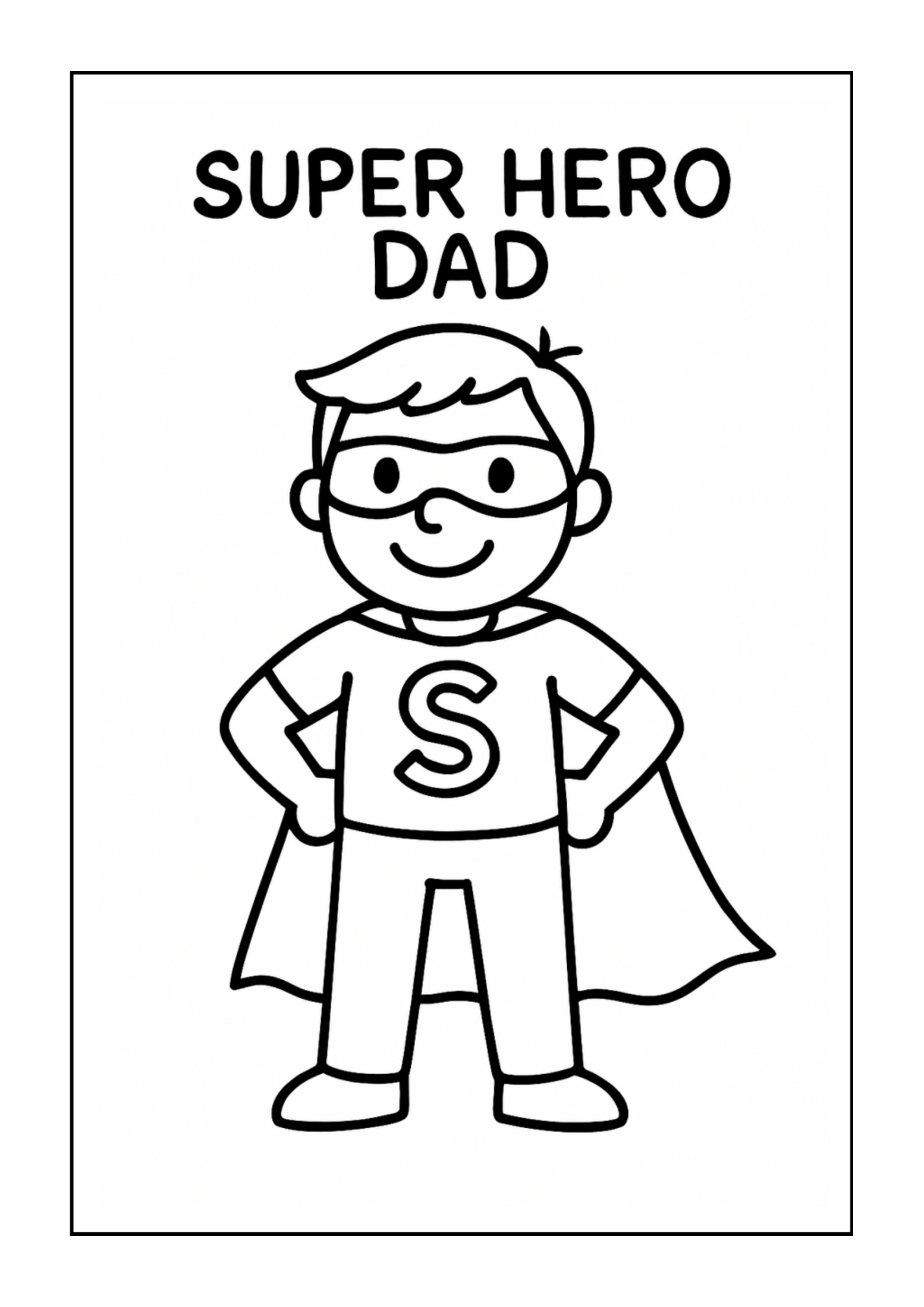 Free printable superhero dad flying over city coloring page for kids — download and print free at VectorVibez.com