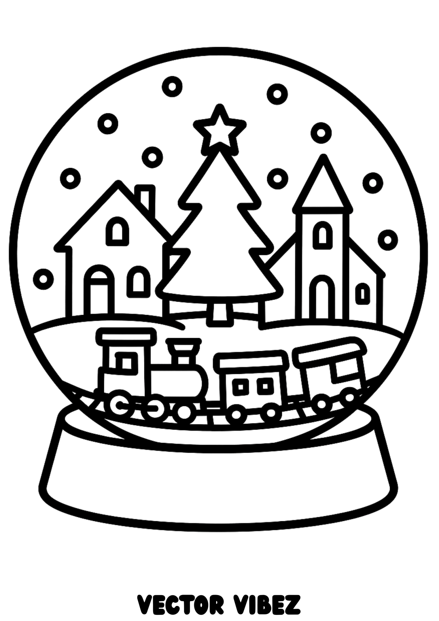 Free printable whimsical train chugging through snow globe coloring page for kids — download and print free at VectorVibez.com
