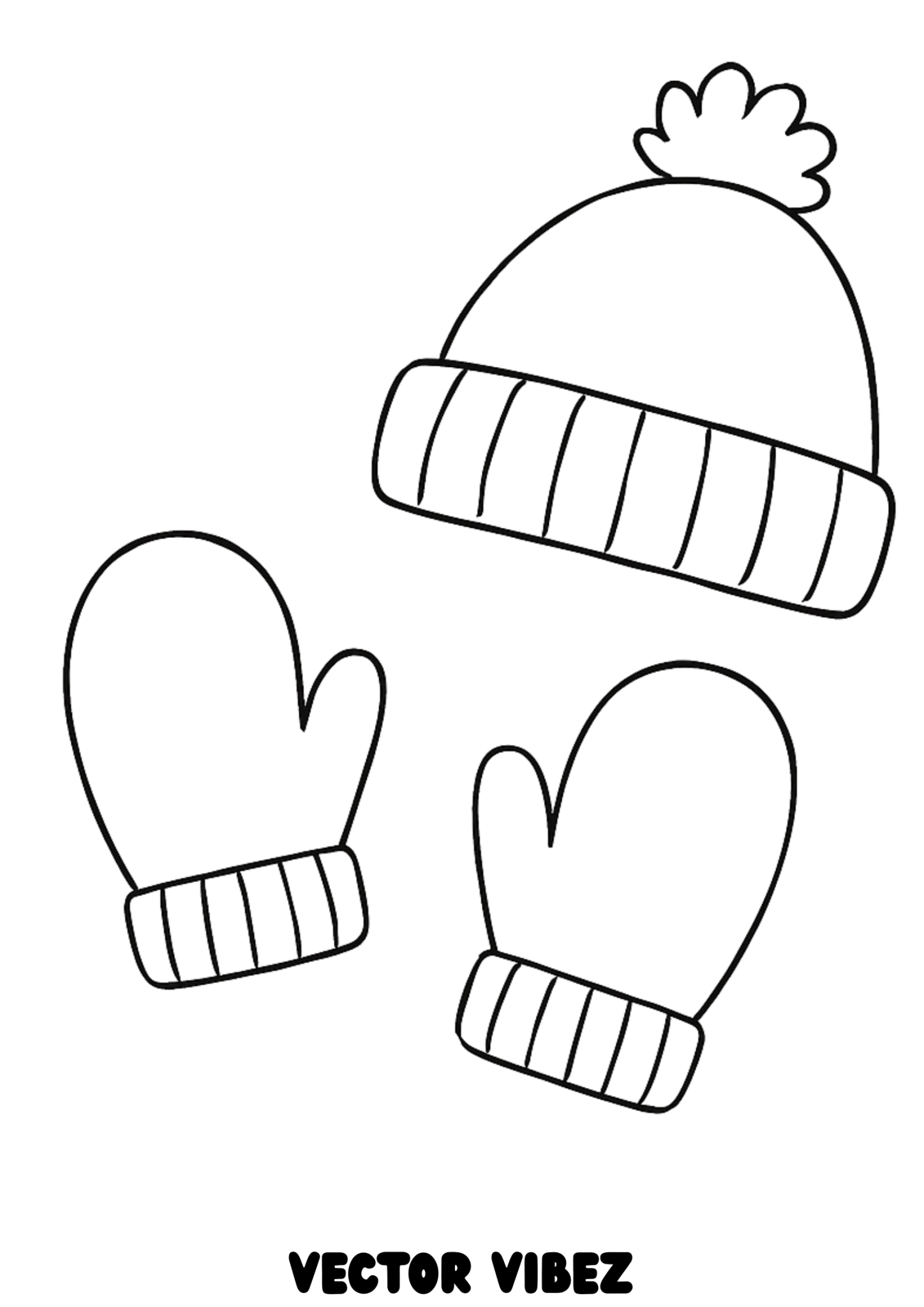 Free printable winter hat and mittens with snowy patterns coloring page for kids — download and print free at VectorVibez.com