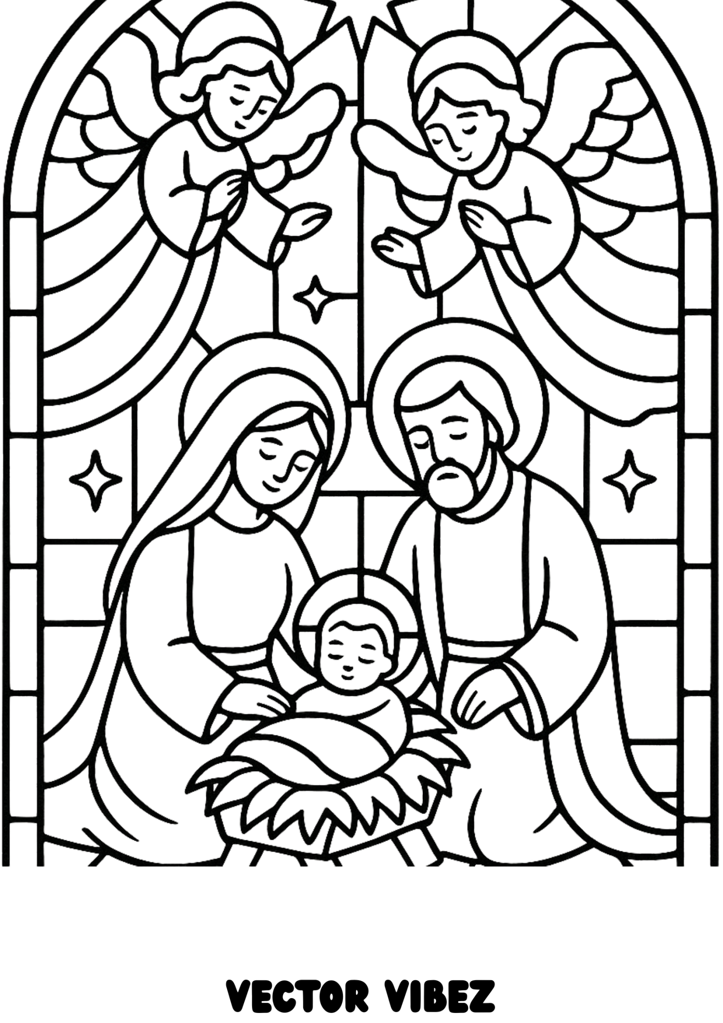 Free printable wise men bearing gifts stained glass coloring page for kids — download and print free at VectorVibez.com