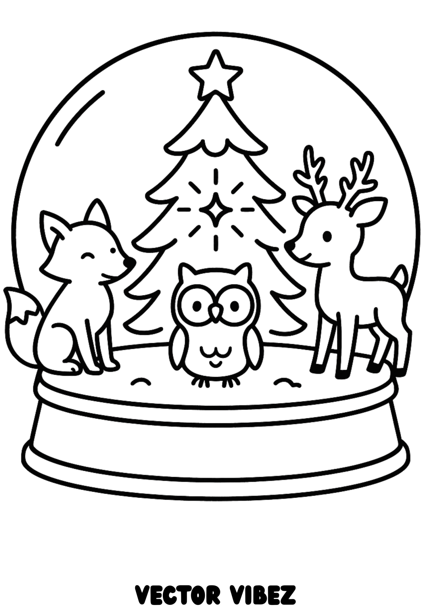 Free printable woodland animals in christmas snow globe coloring page for kids — download and print free at VectorVibez.com